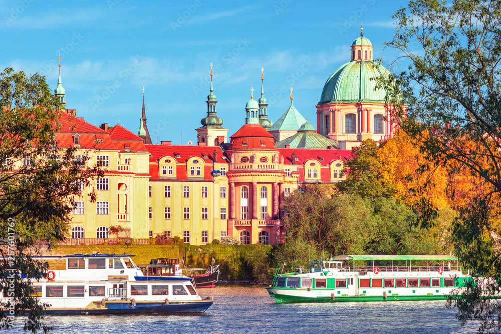 Scenic view Charles bridge and historical center of Prague, buildings and landmarks of old town at s