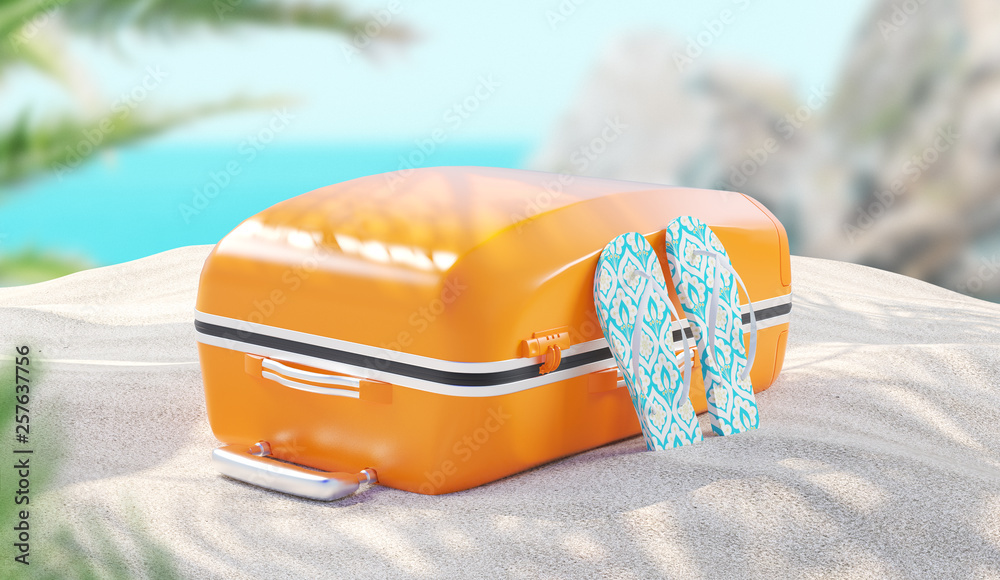 Suitcase on the beach for holiday, 3d render illustration