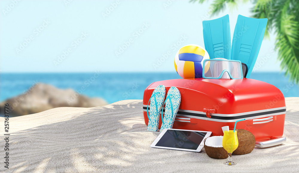 Suitcase on the beach for holiday, 3d render illustration