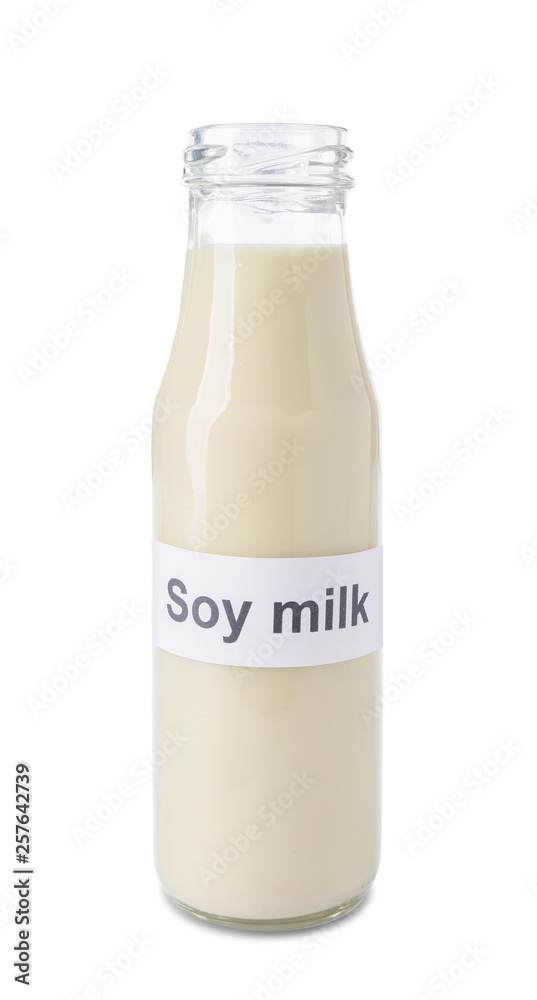 Bottle of healthy soy milk on white background