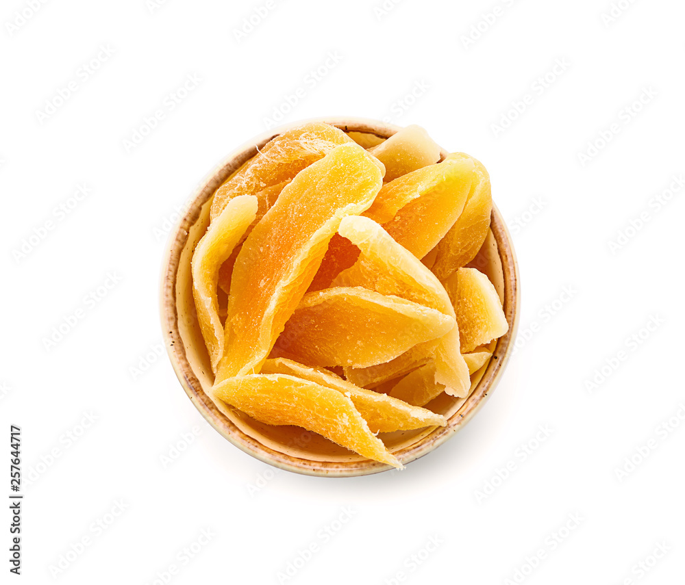 Tasty dried mango on white background