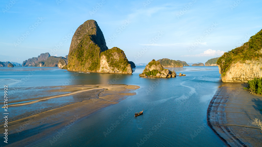 Aerial view Drone shot,Beautiful nature landscape view of small archipelago with mangrove forest and