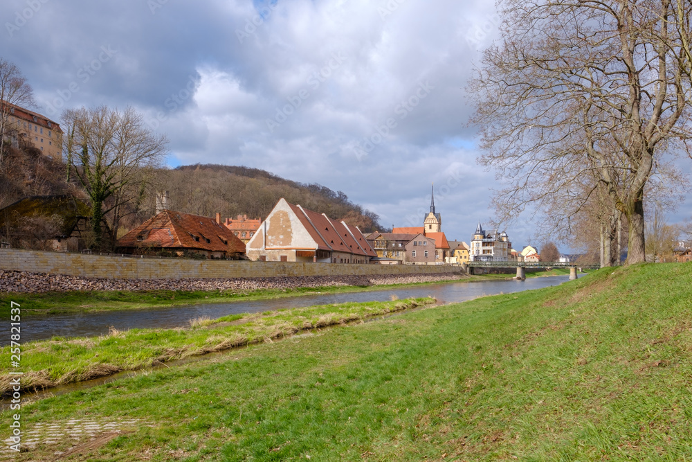 Blick über die Elster zur Kirche St. Marien in Gera Untermhaus