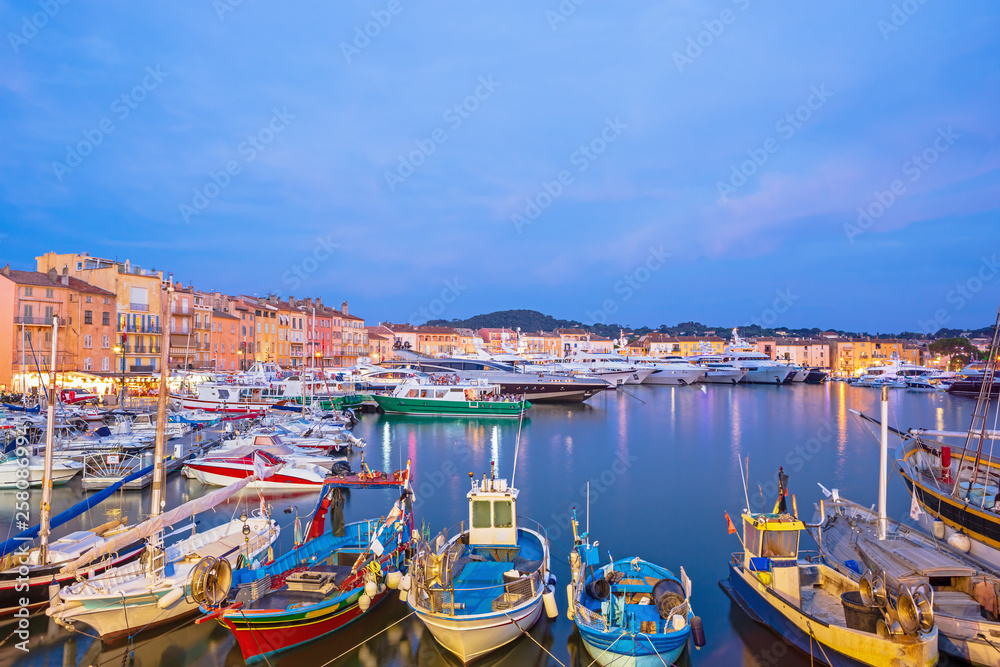 Sunset over Saint Tropez old town and the marina, France