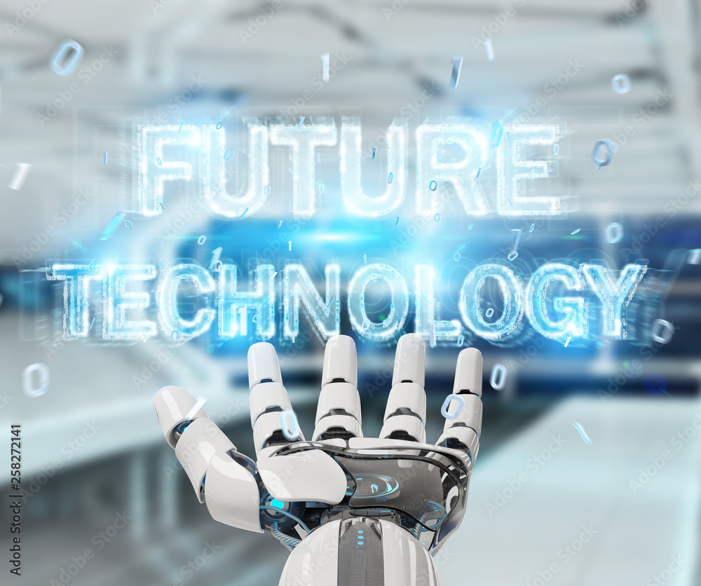 White robot hand using future technology text hologram 3D rendering