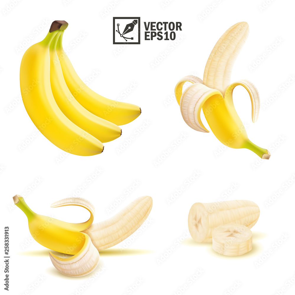 3d realistic isolated vector peeled and whole banana fruit, pieces and slices of banana