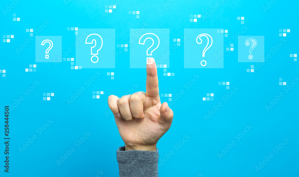 Question marks with hand on a blue background