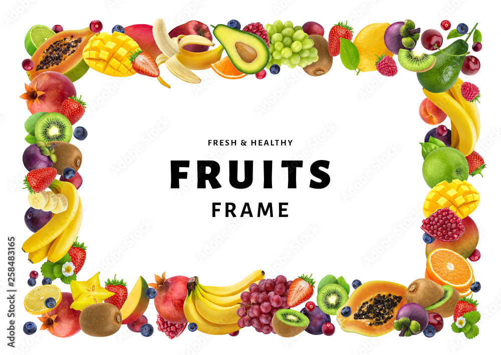 Frame made of different fruits and berries, isolated on white background, healthy food concept, copy