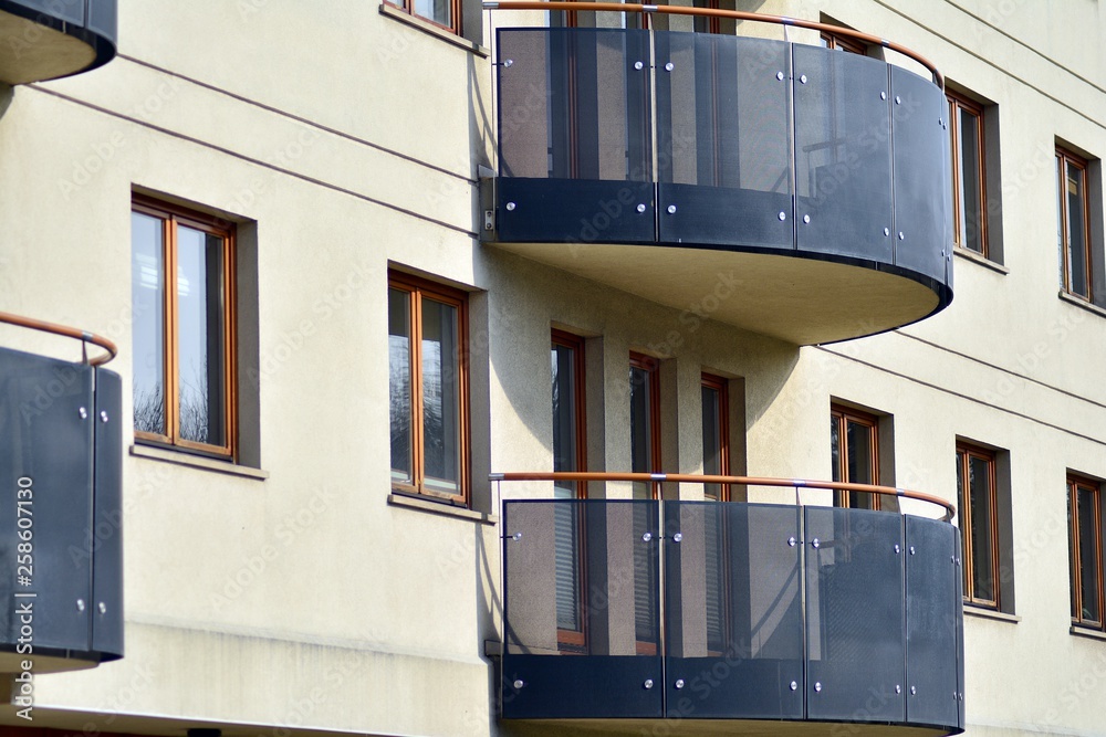 Fragment of a modern apartment building in front. Very modern apartment house.