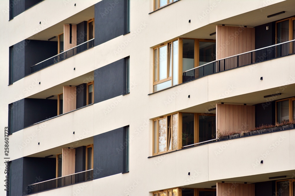 Fragment of a modern apartment building in front. Very modern apartment house.