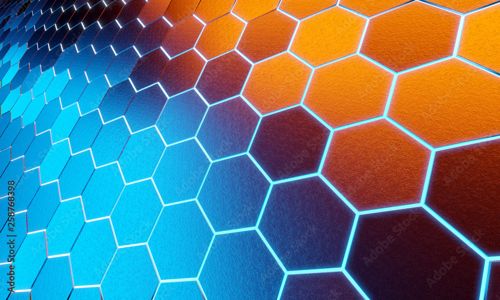 Glowing black blue and orange hexagons background pattern on silver metal surface 3D rendering