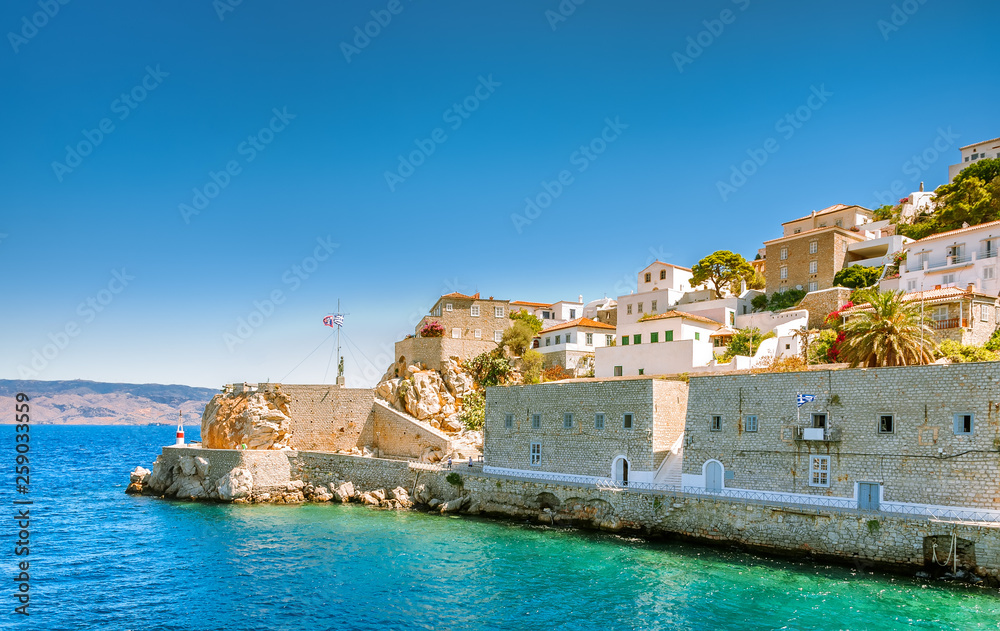 View on greek island Idra (Hydra) at sunny summer day