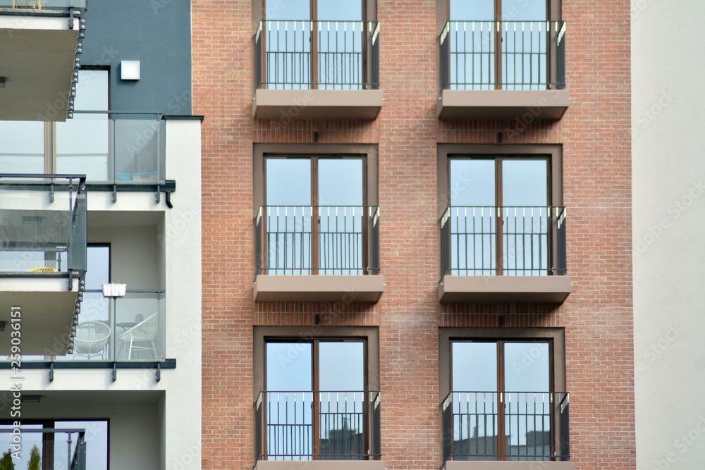 Fragment of a modern apartment building in front. Very modern apartment house.