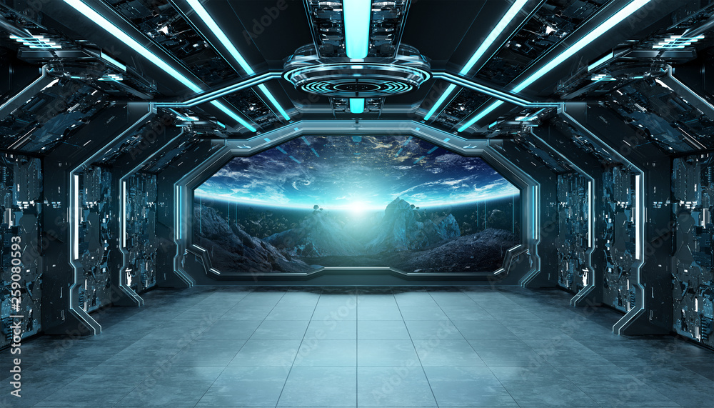 Dark blue spaceship futuristic interior with window view on space and planets 3d rendering