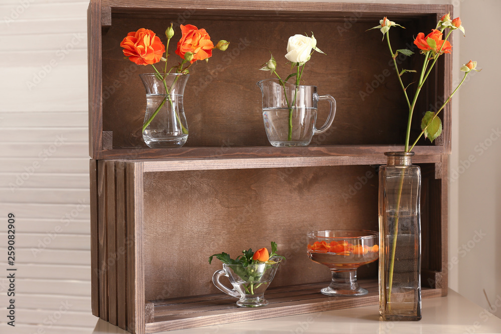 Wooden boxes with beautiful flowers