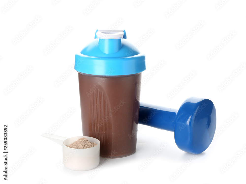 Bottle of protein shake with dumbbell on white background