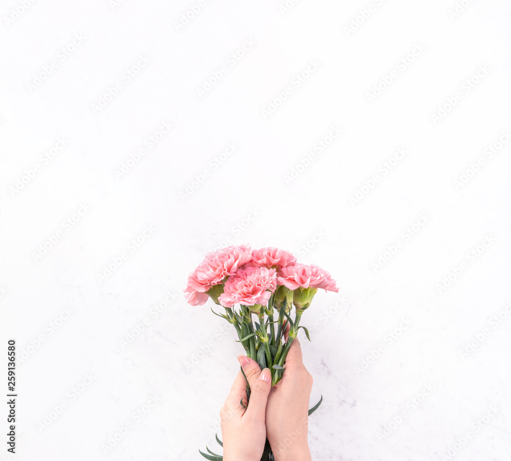 Woman giving bunch of elegance blooming baby pink color tender carnations isolated on bright marble 