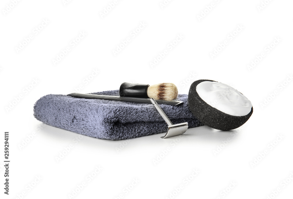 Set of male shaving accessories on white background