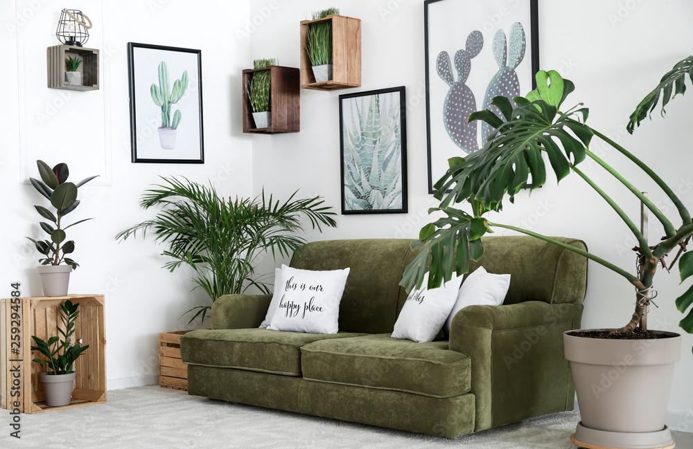 Interior of modern room with comfortable sofa and houseplants