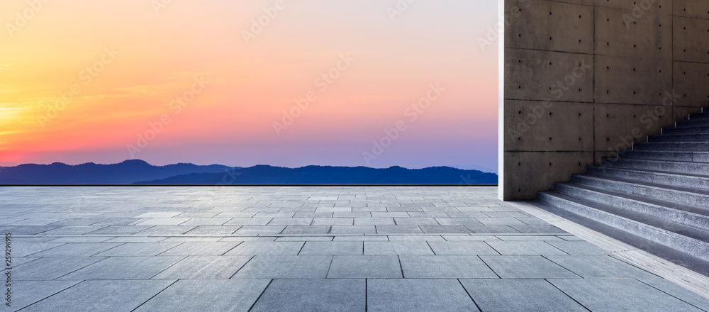 Empty square floor and beautiful mountain nature landscape at sunset