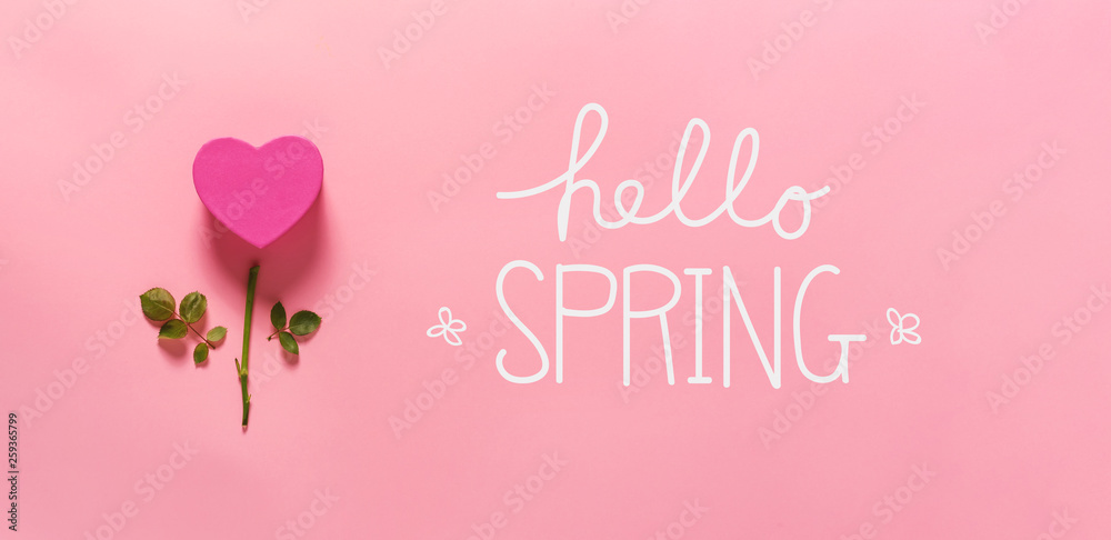 Hello spring message with heart flower