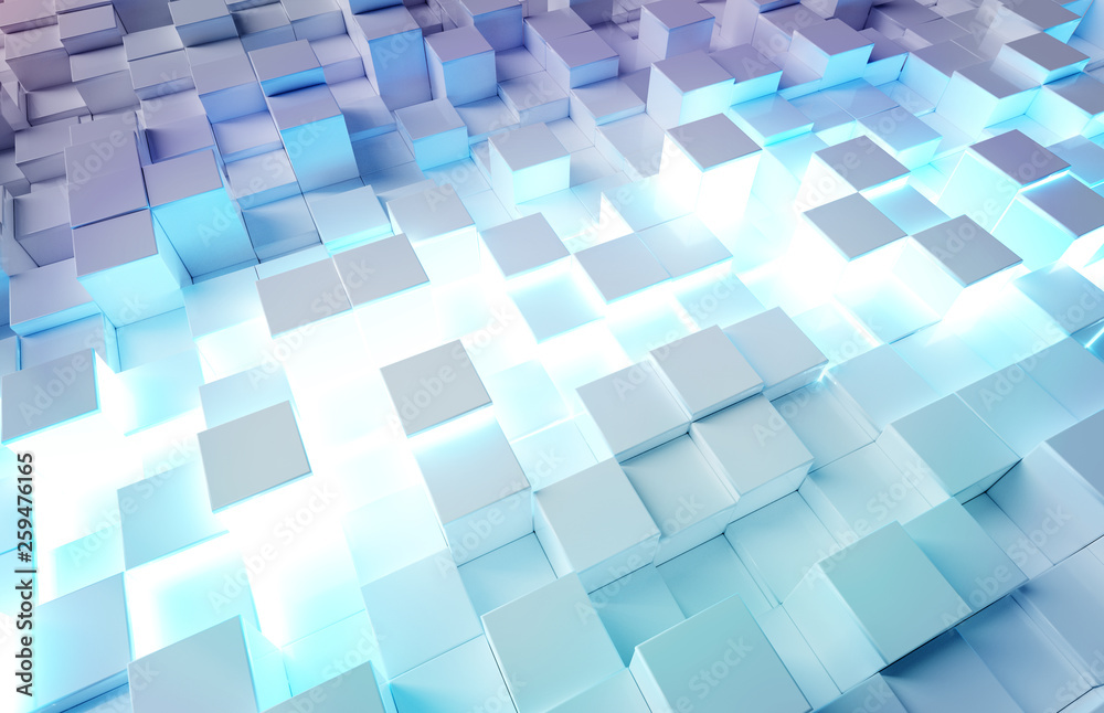 Glowing white and blue squares background pattern 3D rendering