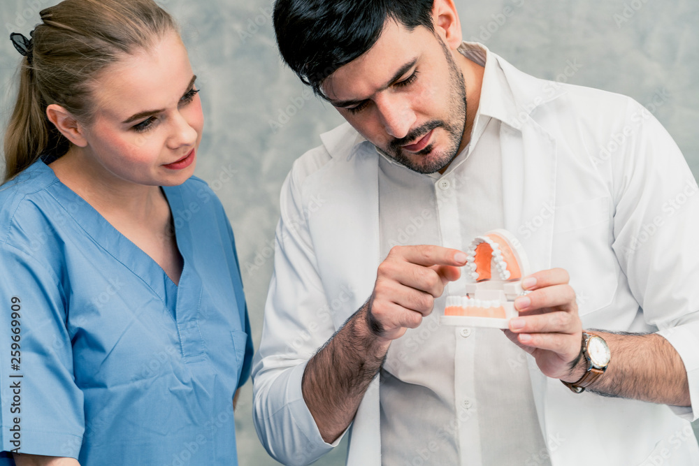 Dentist and nurse assistant working in dental office at the hospital. Dentistry concept.