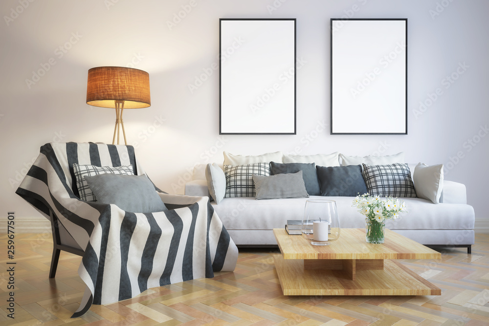 Modern living room interior with mockup frames - 3d illustration