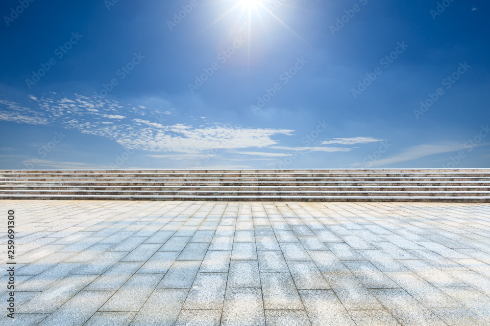 Empty floor and blue sky and white clouds scene