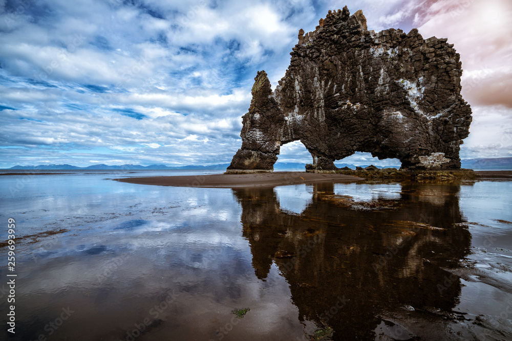 Hvitserkur unique basalt rock in Iceland. The majestic Hvitserkur is a 15 meter high monolith standi