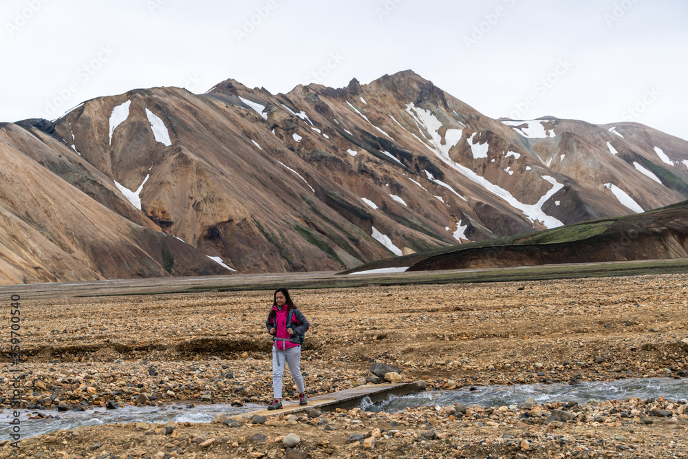 旅行者在欧洲北欧冰岛高地的Landmannaulaugar超现实自然景观徒步旅行。