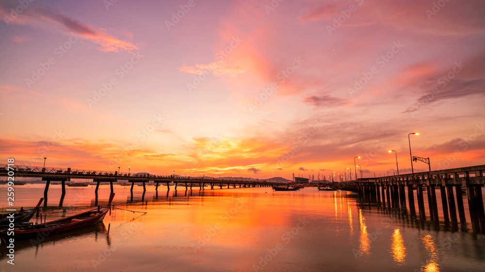 Dramatic sky in sunrise seascape nature view