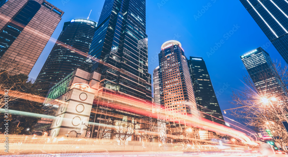 Urban Nightscape Architecture Street and Fuzzy Car Lights..