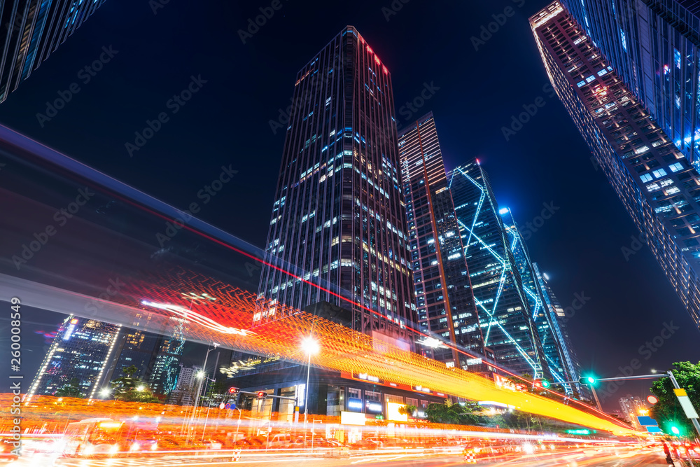 Urban Nightscape Architecture Street and Fuzzy Car Lights..