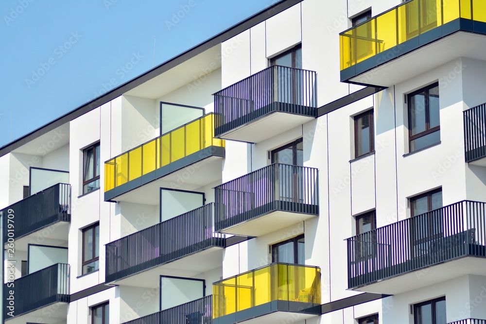 Modern european complex of apartment buildings. Fragment of a modern residential apartment building.