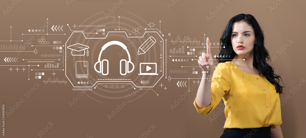 E-learning concept with business woman on a brown background