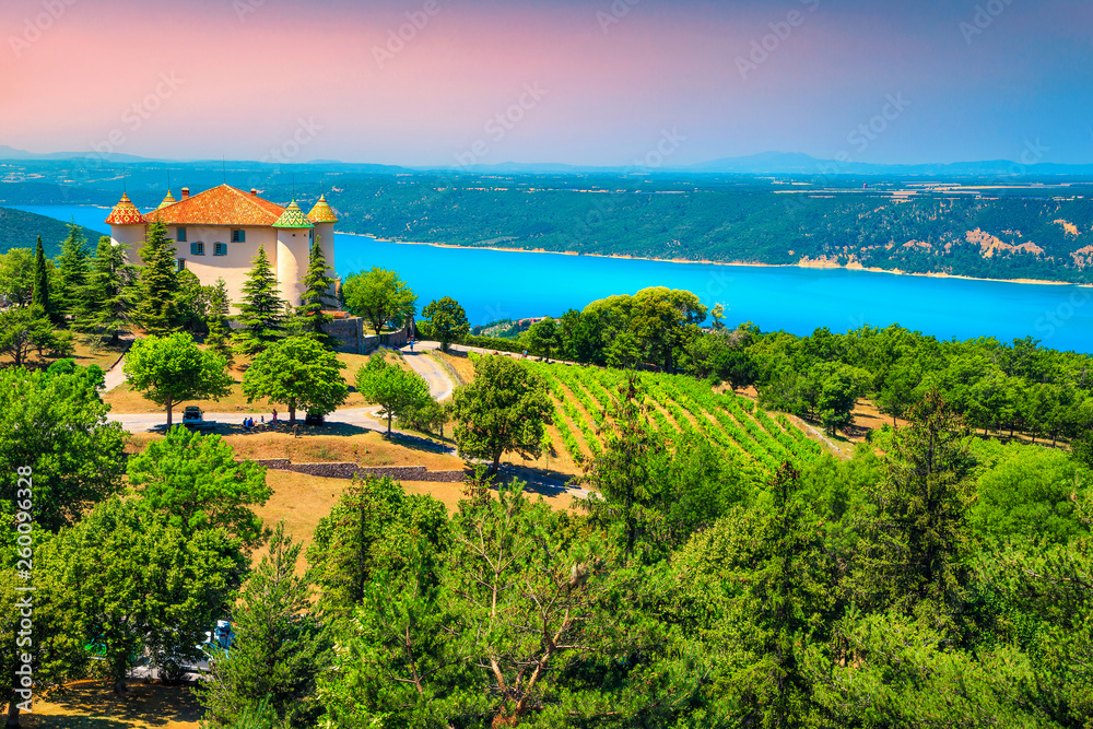 Aiguines castle and St Croix lake in background, Provence, France