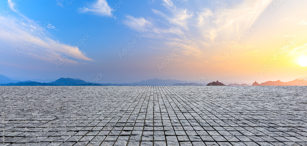 Empty square platform and beautiful mountain with great wall in China