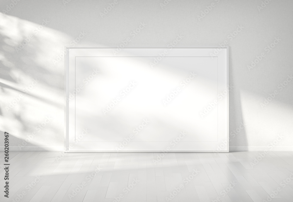 White frame in white interior mockup 3D rendering