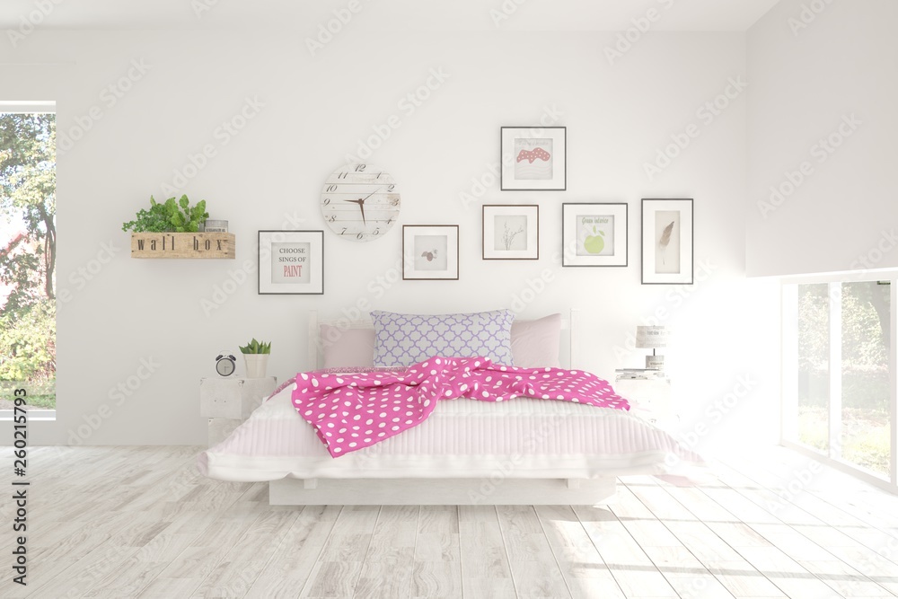 White stylish minimalist bedroom. Scandinavian interior design. 3D illustration