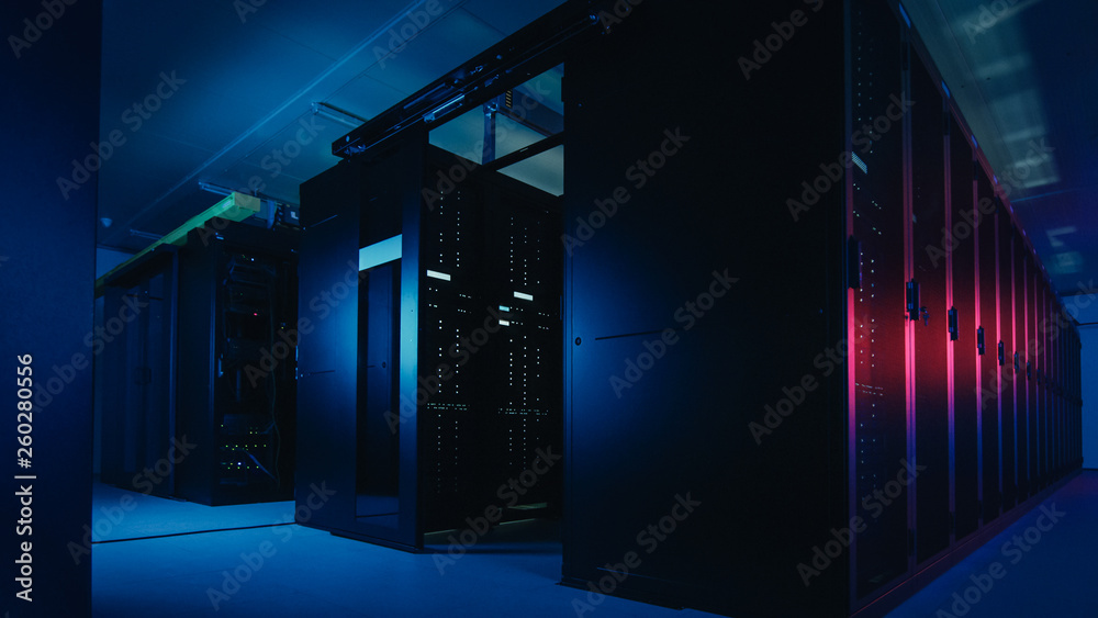 Shot of Data Center With Multiple Rows of Fully Operational Server Racks. Modern Telecommunications,