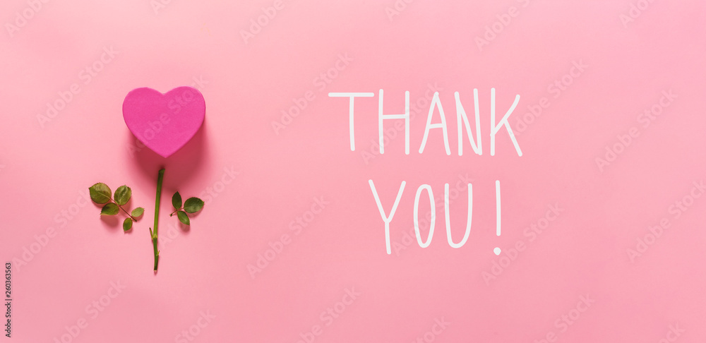 Thank you message with heart flower top view flat lay