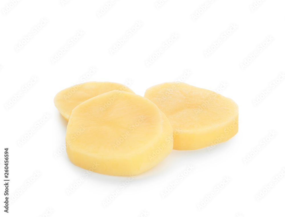 Raw cut potato on white background