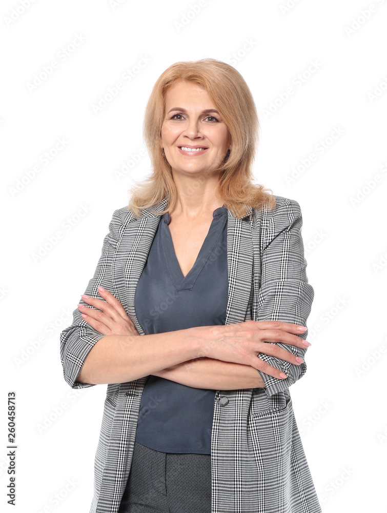 Stylish mature woman on white background