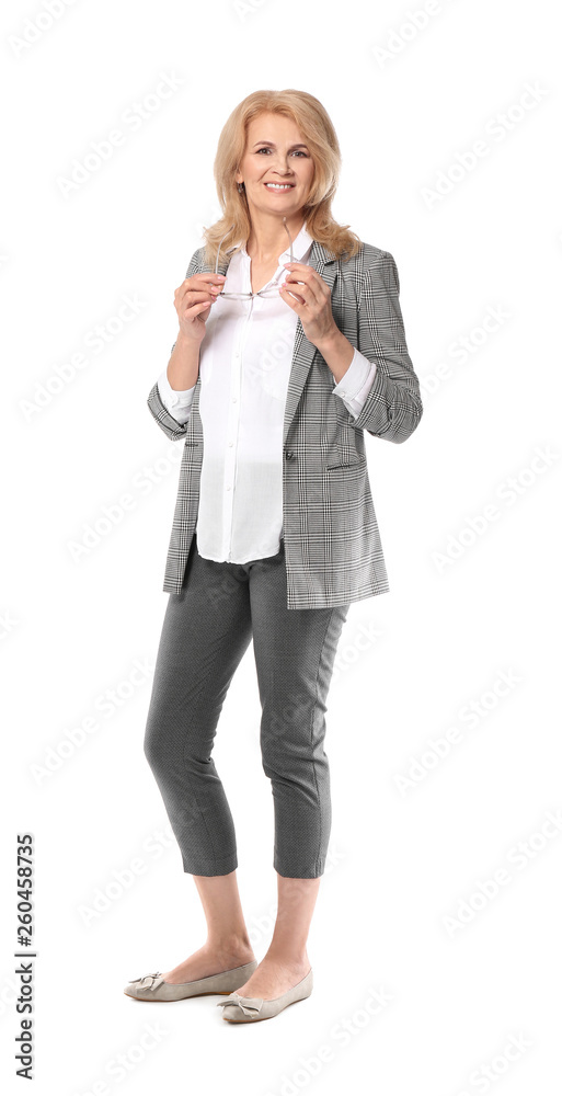 Stylish mature woman on white background