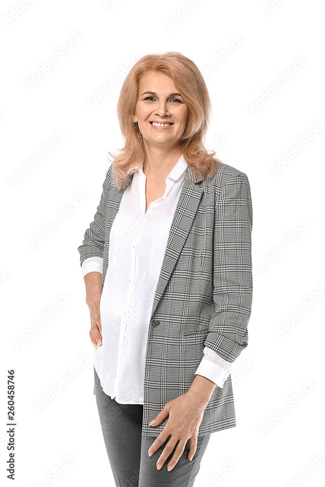 Stylish mature woman on white background