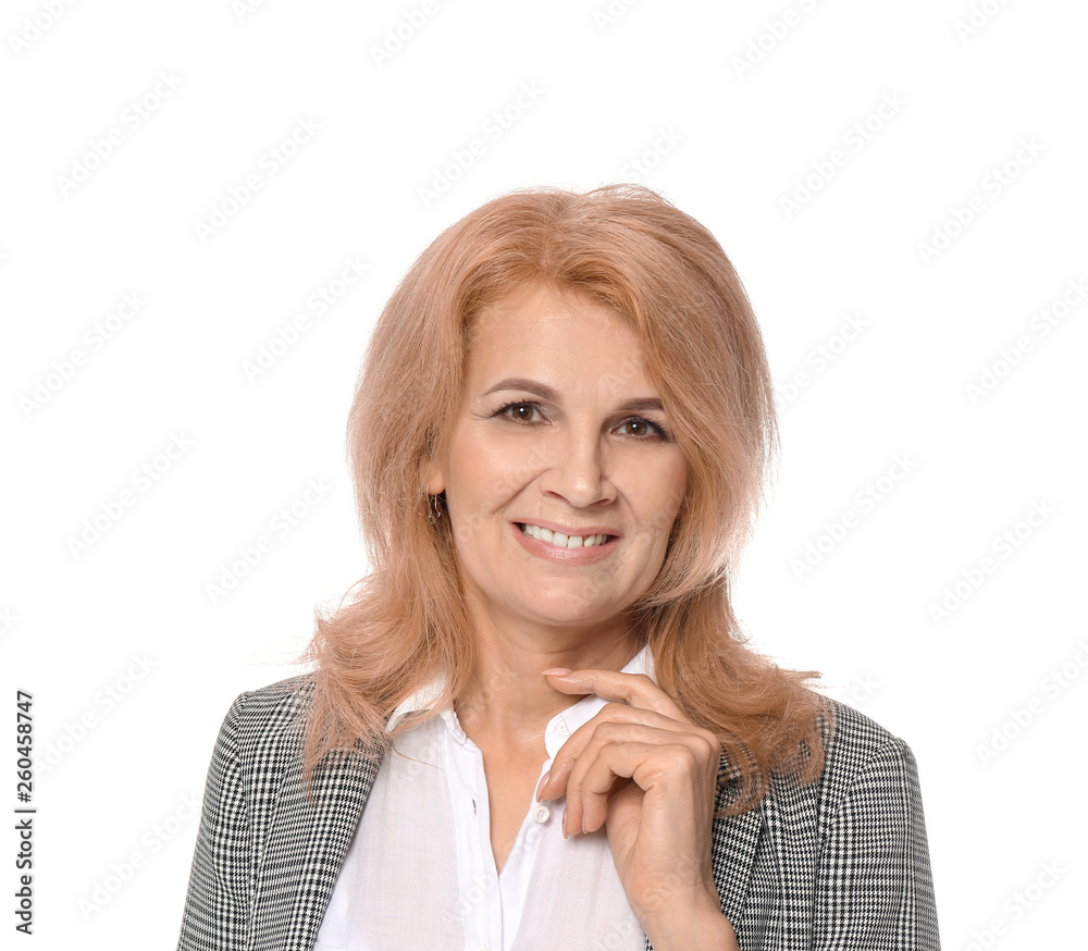 Stylish mature woman on white background