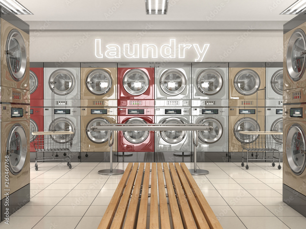 Interior design of public laundry. 3d illustration