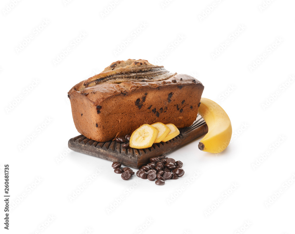 Tasty banana bread on white background