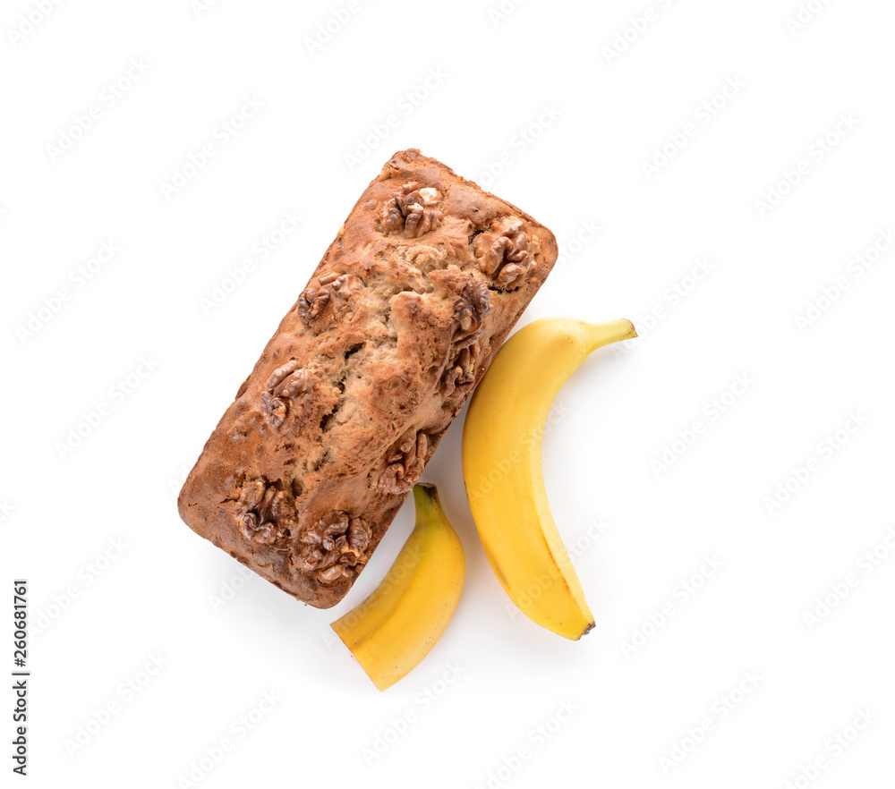 Tasty banana bread on white background